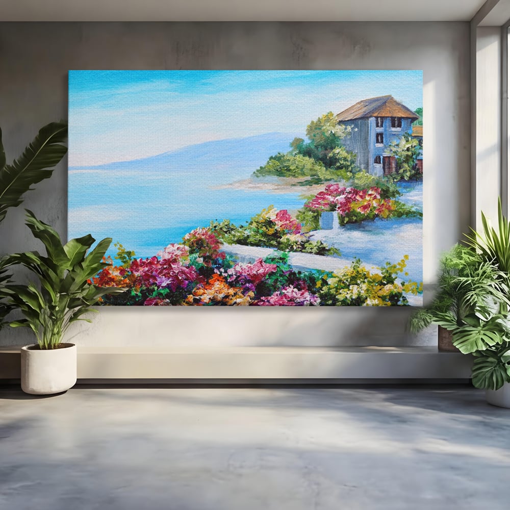 Tablou canvas cu tablou pictura cu flori si mare, fara rama, pe sasiu de lemn